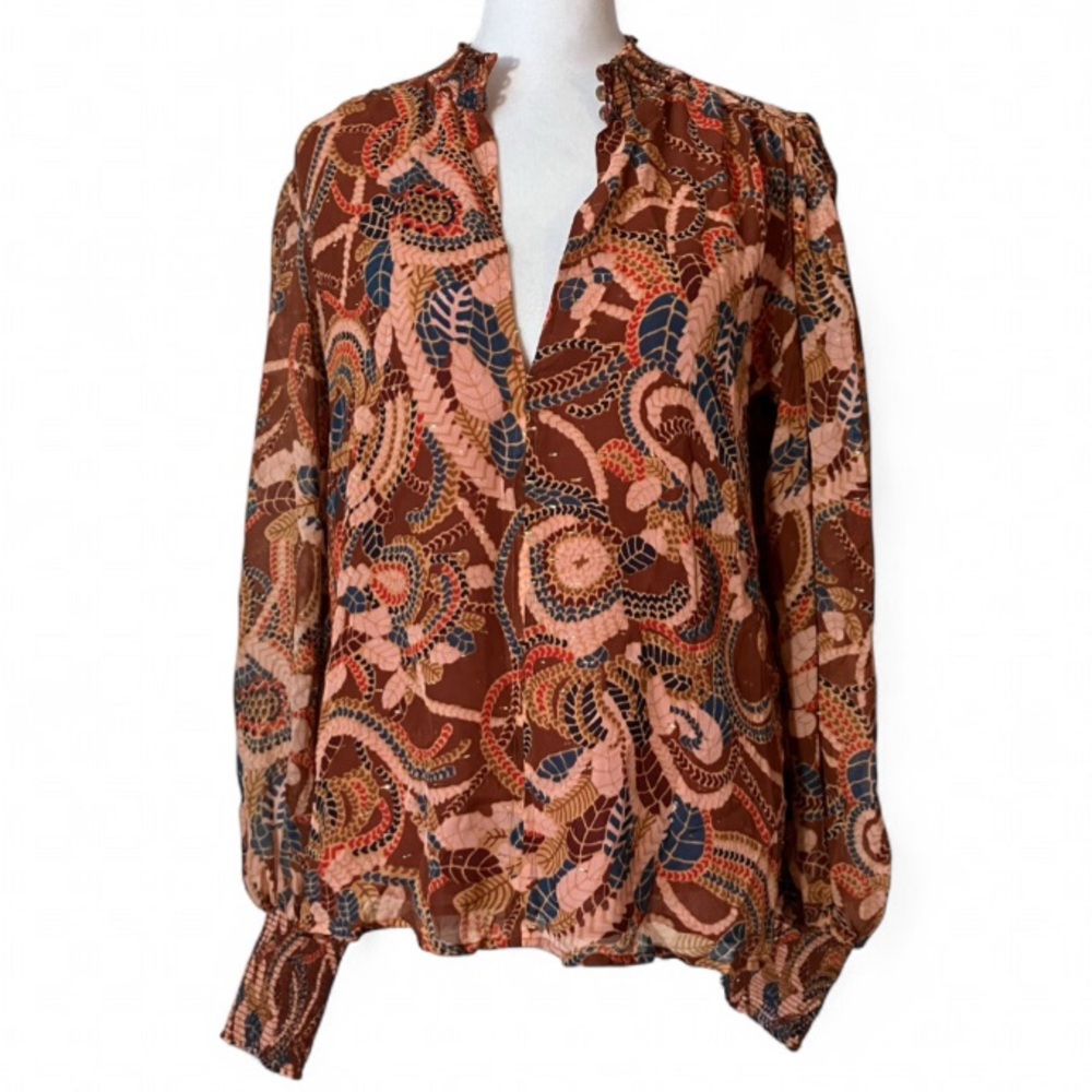 A.L.C. Silk Chiffon Metallic Thread Ginger Botanical Print Keyhole Blouse size 6 - Picture 2 of 10